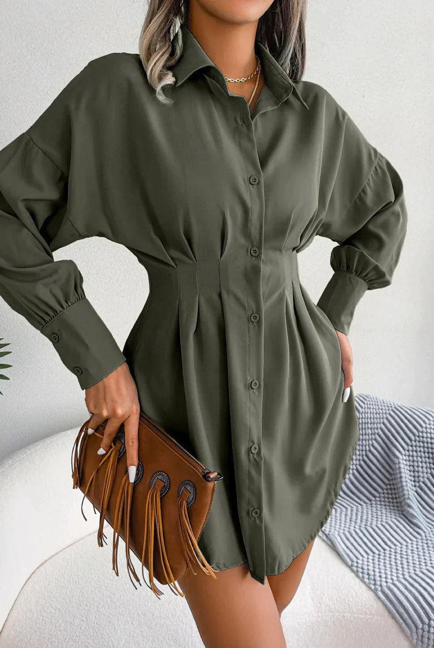 Dark green Lumina Vancouver Nova Shirtdress Tailored Mini, featuring a fitted silhouette and classic collar design.