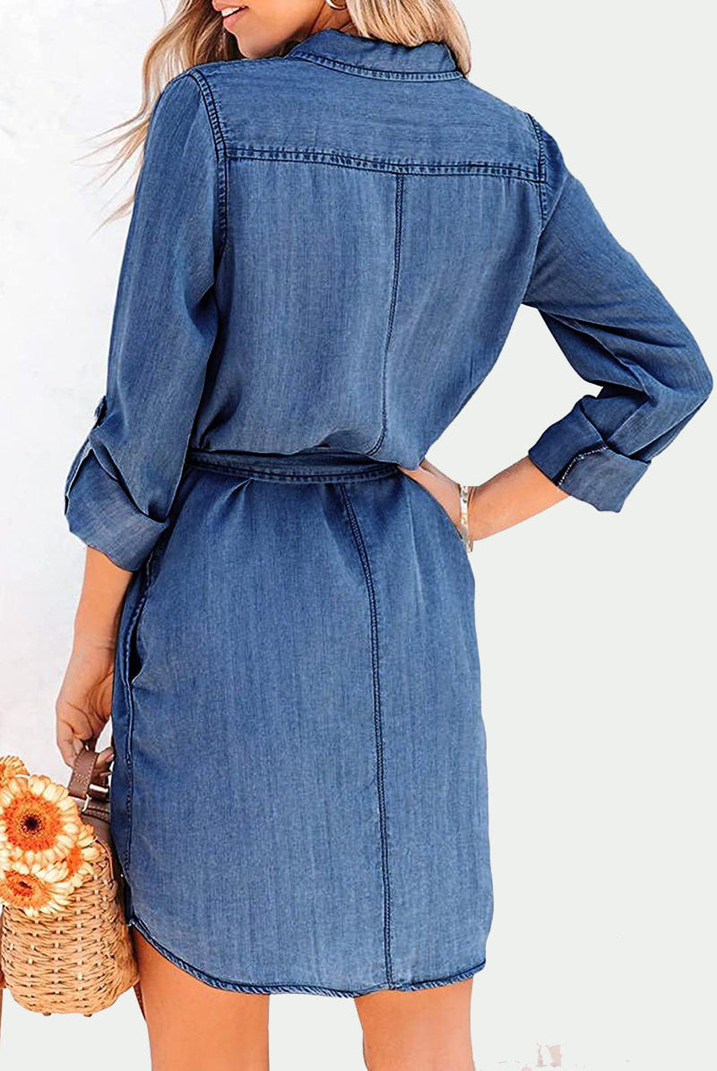 Deep blue Zoe denim shirt dress by Lumina Vancouver, button-down mini dress with casual, stylish fit and classic collar.
