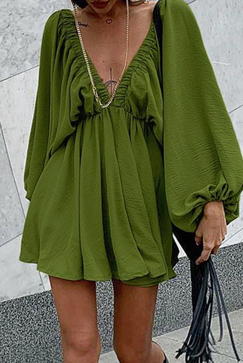 Green Camellia Lantern-Sleeve Mini Dress with deep V-neck by Lumina Wear, featuring flowing lantern sleeves and a stylish fit.