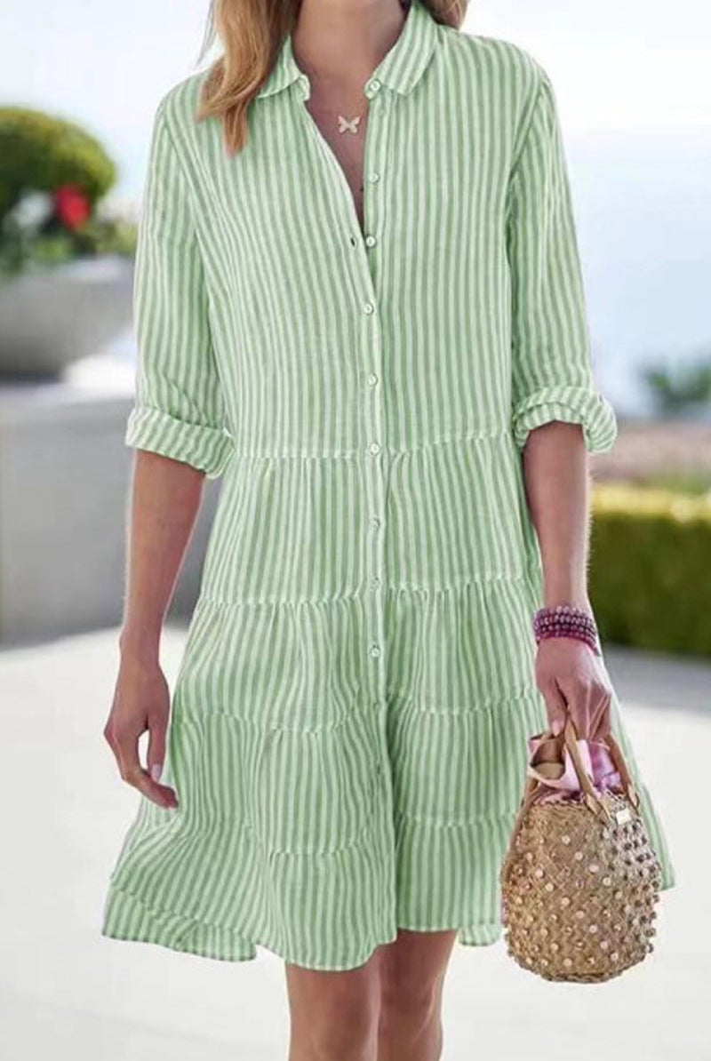 Green Hyacinth mini shirt dress by Lumina Wear with button-down front and roll-up sleeves, casual and stylish for warm weather.