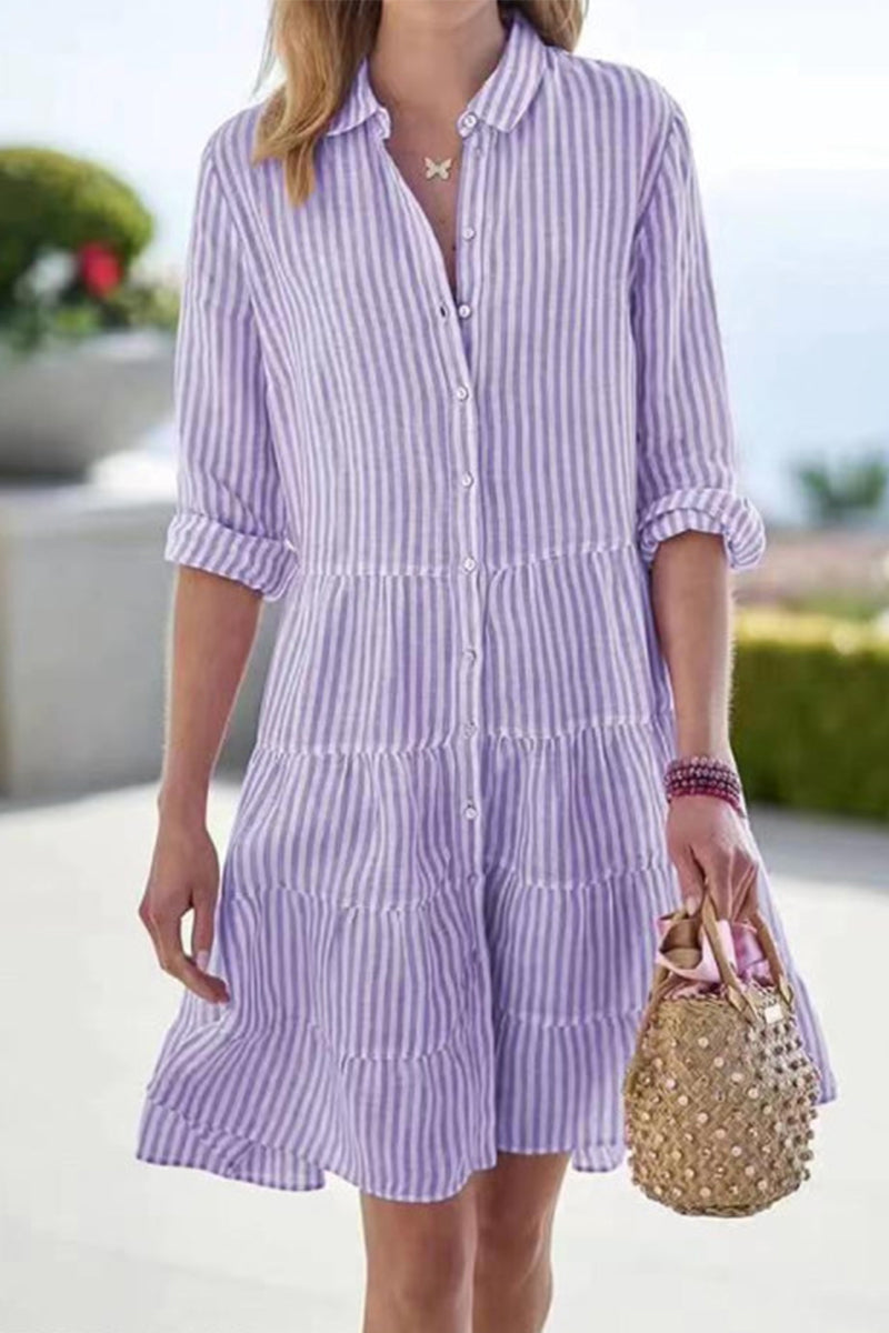 Green Hyacinth mini shirt dress by Lumina Vancouver with button-down front and roll-up sleeves, styled as a casual summer dress.