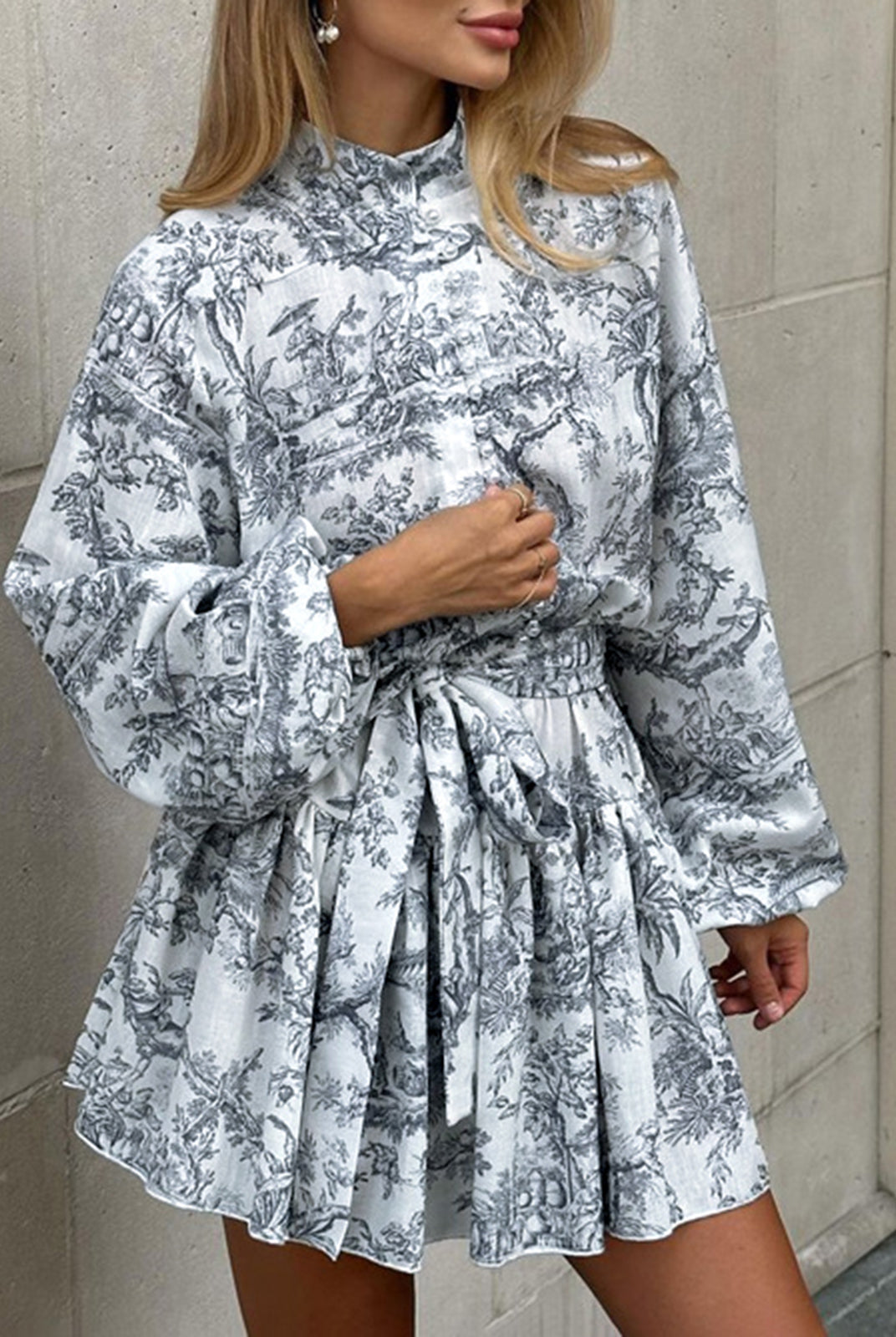 Lumina Vancouver Primrose A-Line Mini Dress with Toile de Jouy gray print, lightweight fabric, and classic silhouette.