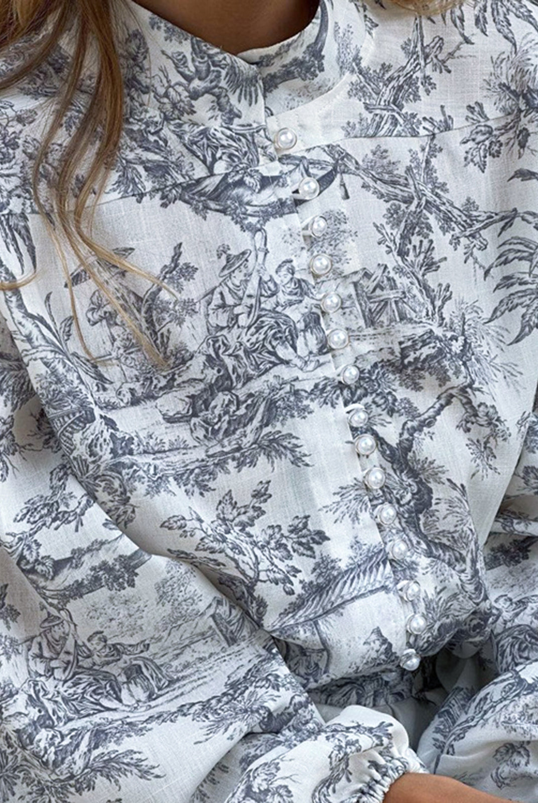 Lumina Vancouver Primrose mini A-line dress in grey toile de Jouy print, featuring a stylish and feminine design.