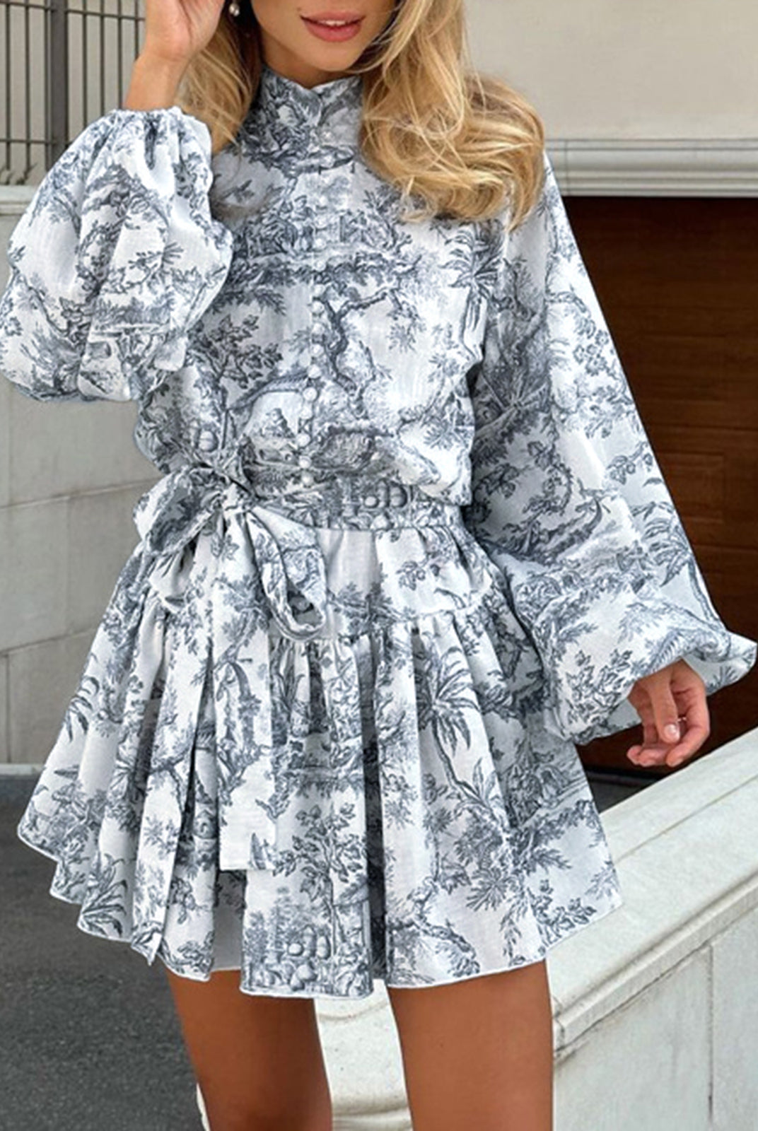 Lumina Vancouver Primrose A-Line Mini Dress in grey toile de Jouy print, showcasing a stylish and elegant design.