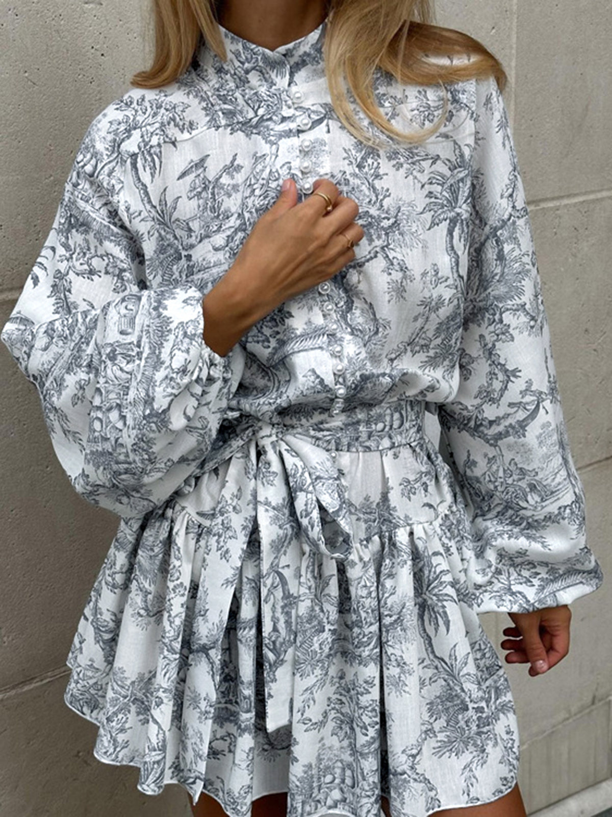Lumina Vancouver Primrose mini A-line dress in grey toile de Jouy print, perfect for stylish, casual wear.