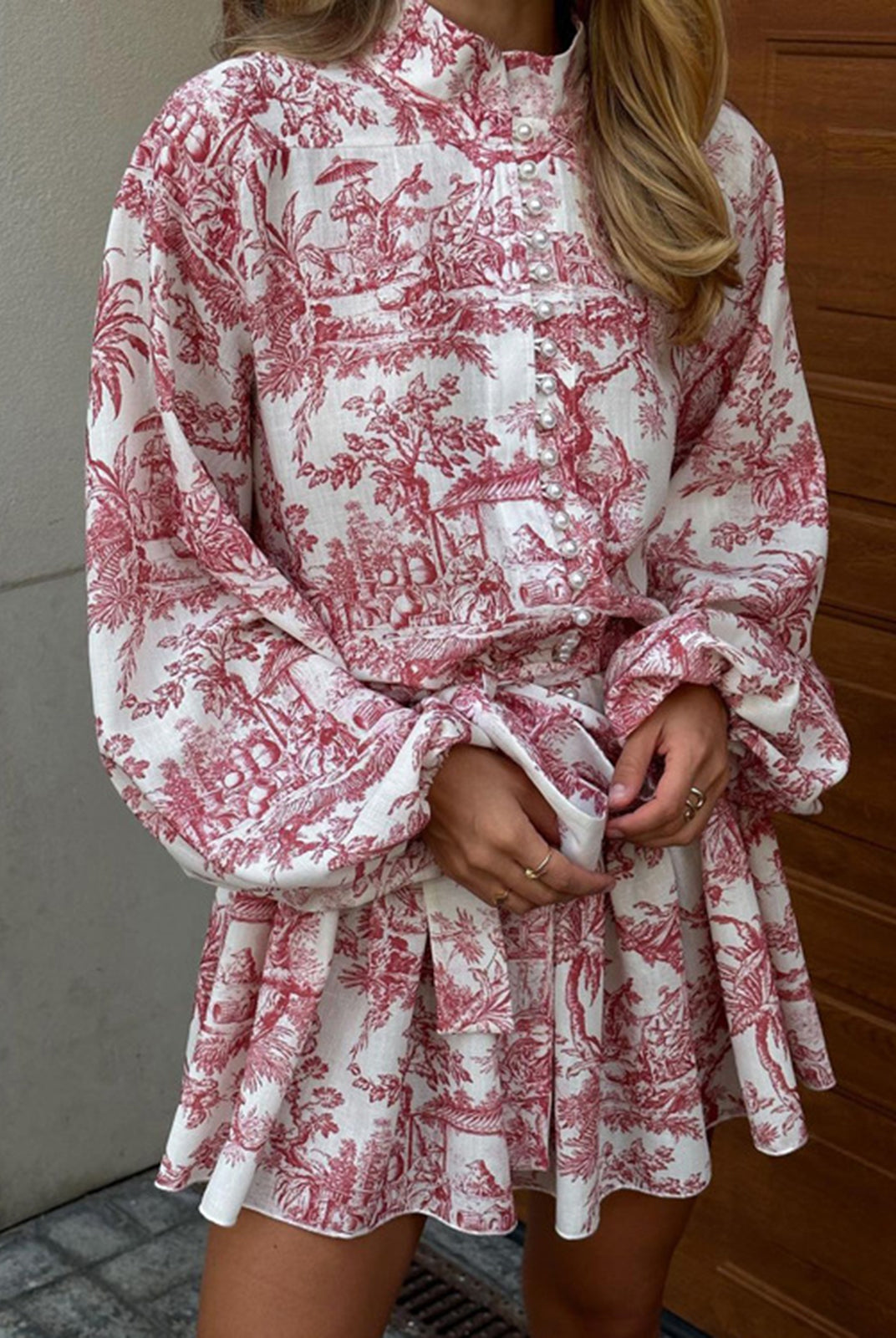 Lumina Vancouver Primrose A-Line Mini Dress in grey with Toile de Jouy print, showcasing a stylish, fitted silhouette and elegant design.