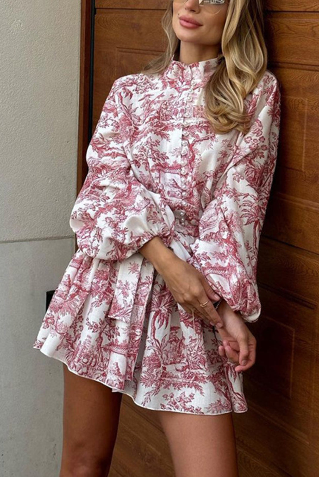Grey Primrose A-Line Mini Dress by Lumina Wear featuring a Toile de Jouy print and a fitted silhouette.