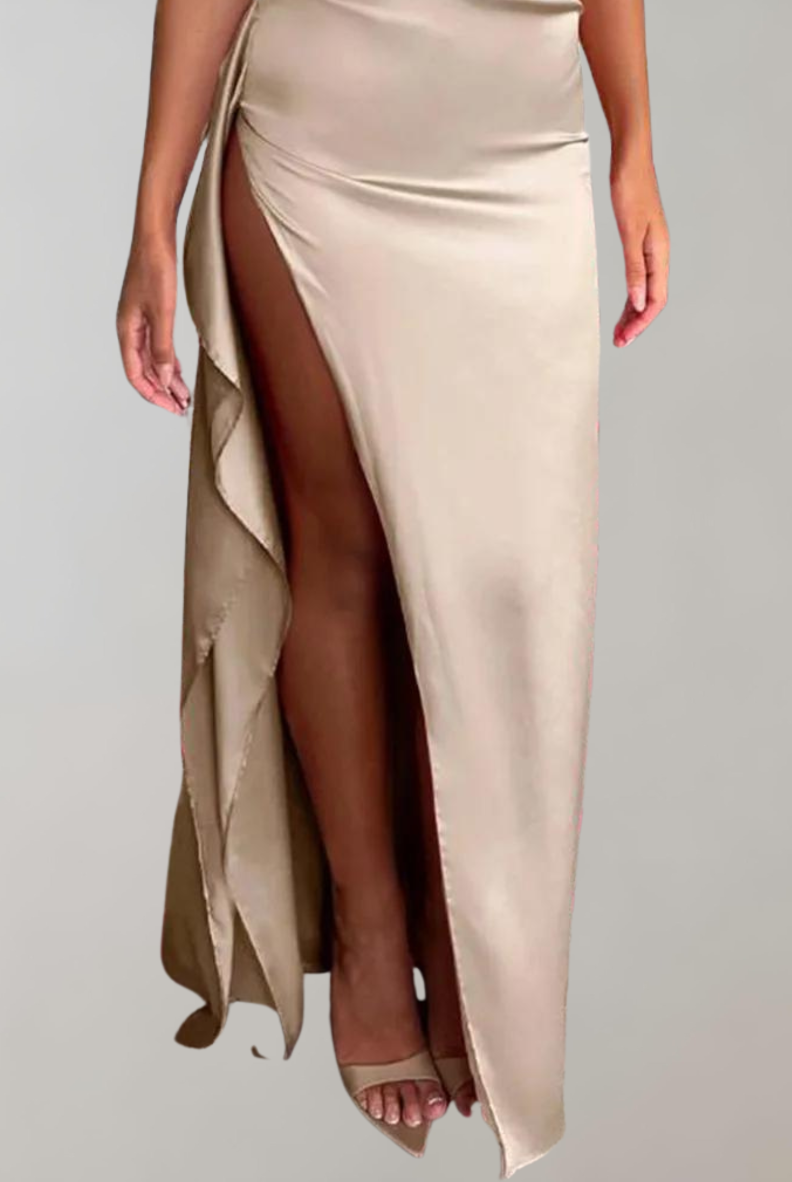 Lumina Wear Gabrielle Satin Gown Mini Dress with slit in khaki, featuring a sleek evening gown design with satin fabric and elegant cut.