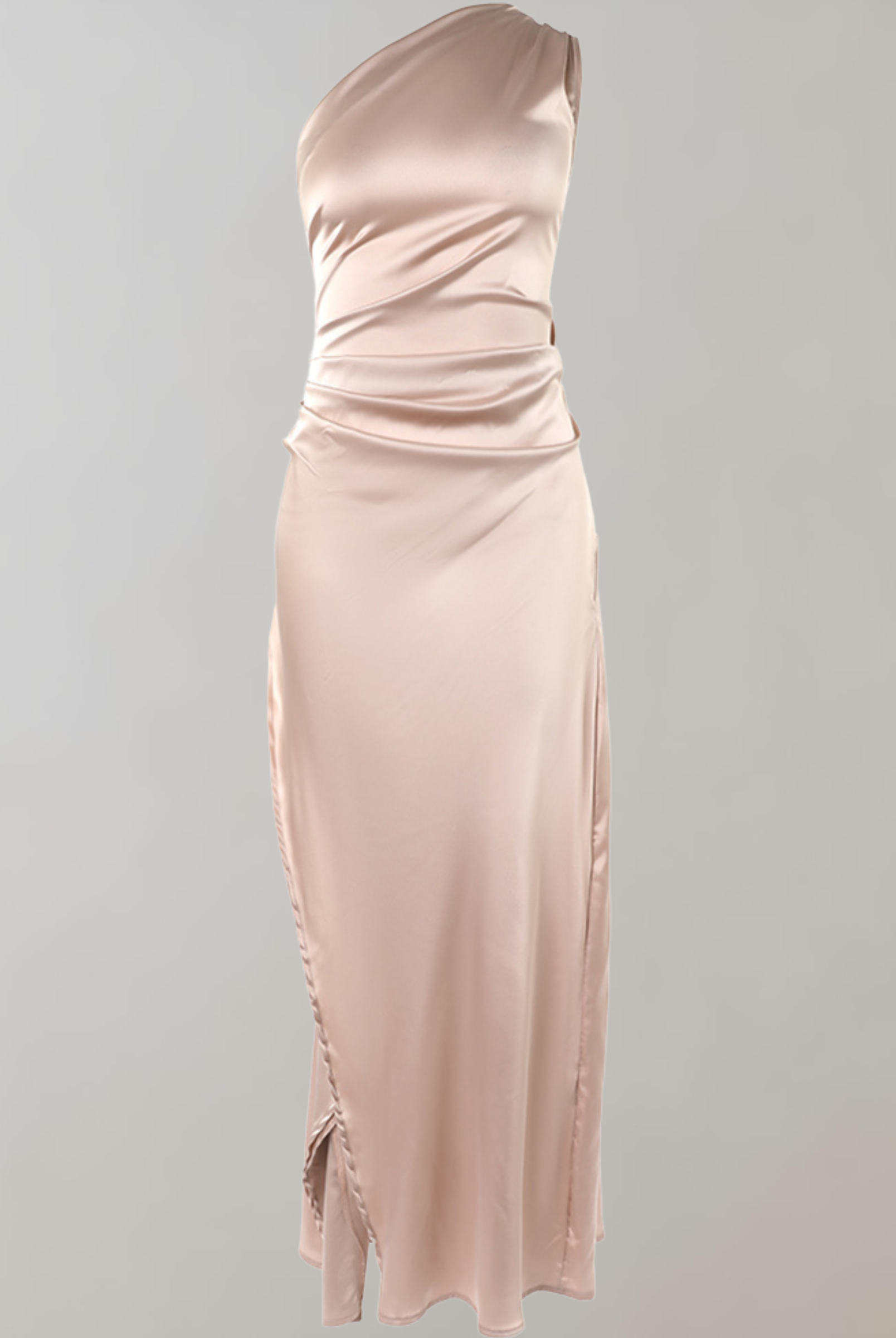 Lumina Wear Gabrielle Satin Gown Mini Dress in khaki with slit, elegant evening gown featuring Serena satin fabric.