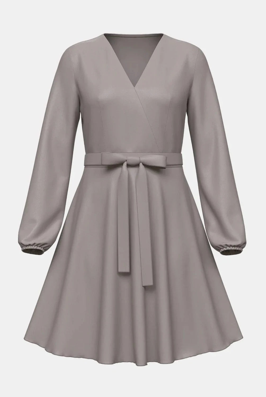 Light coffee-colored Lumina Wear Serene Amethyst Dream mini wrap dress, featuring a flattering silhouette and elegant design.