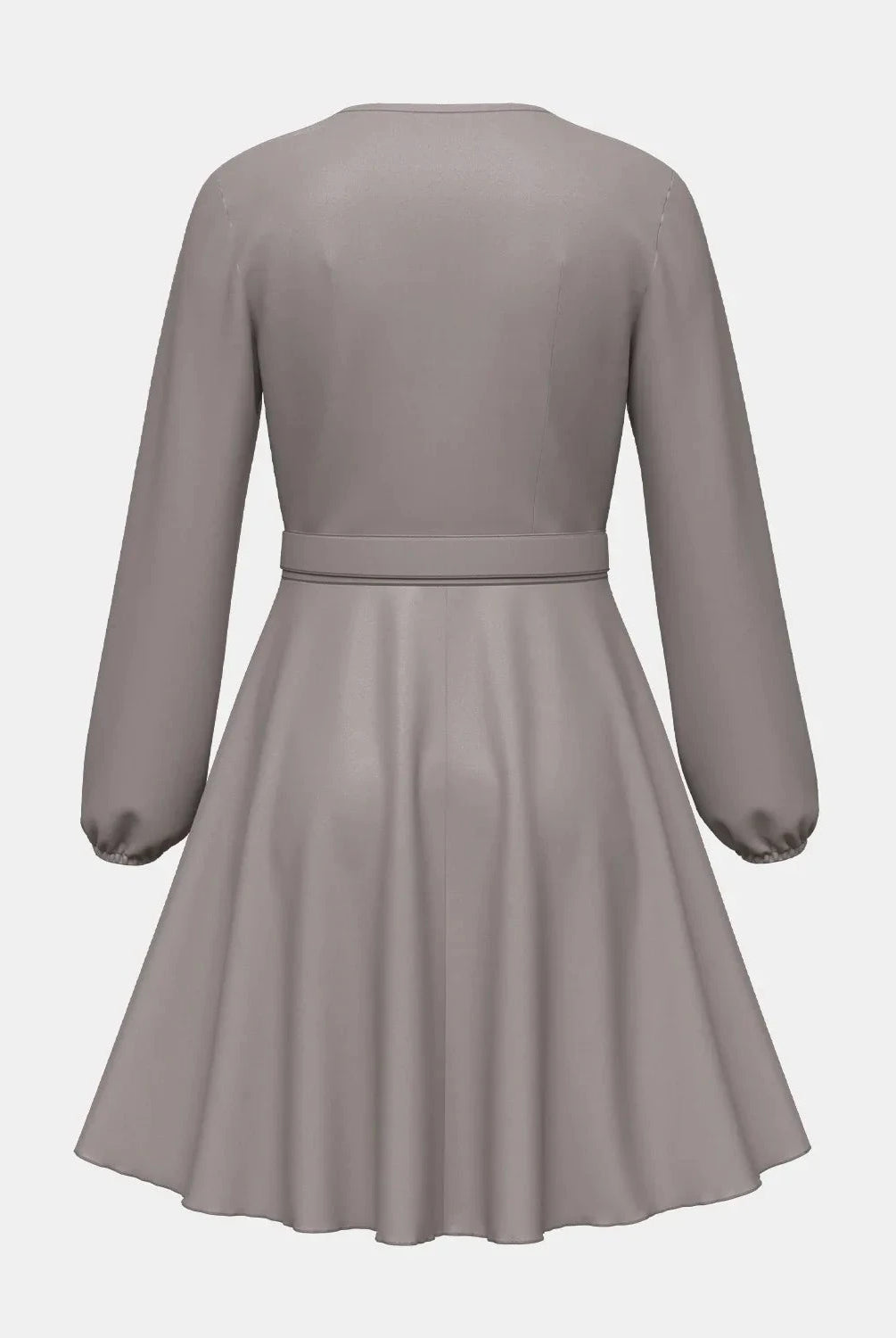 Light coffee-colored mini wrap dress by Lumina Wear featuring a serene amethyst dream pattern, perfect for casual or elegant occasions.