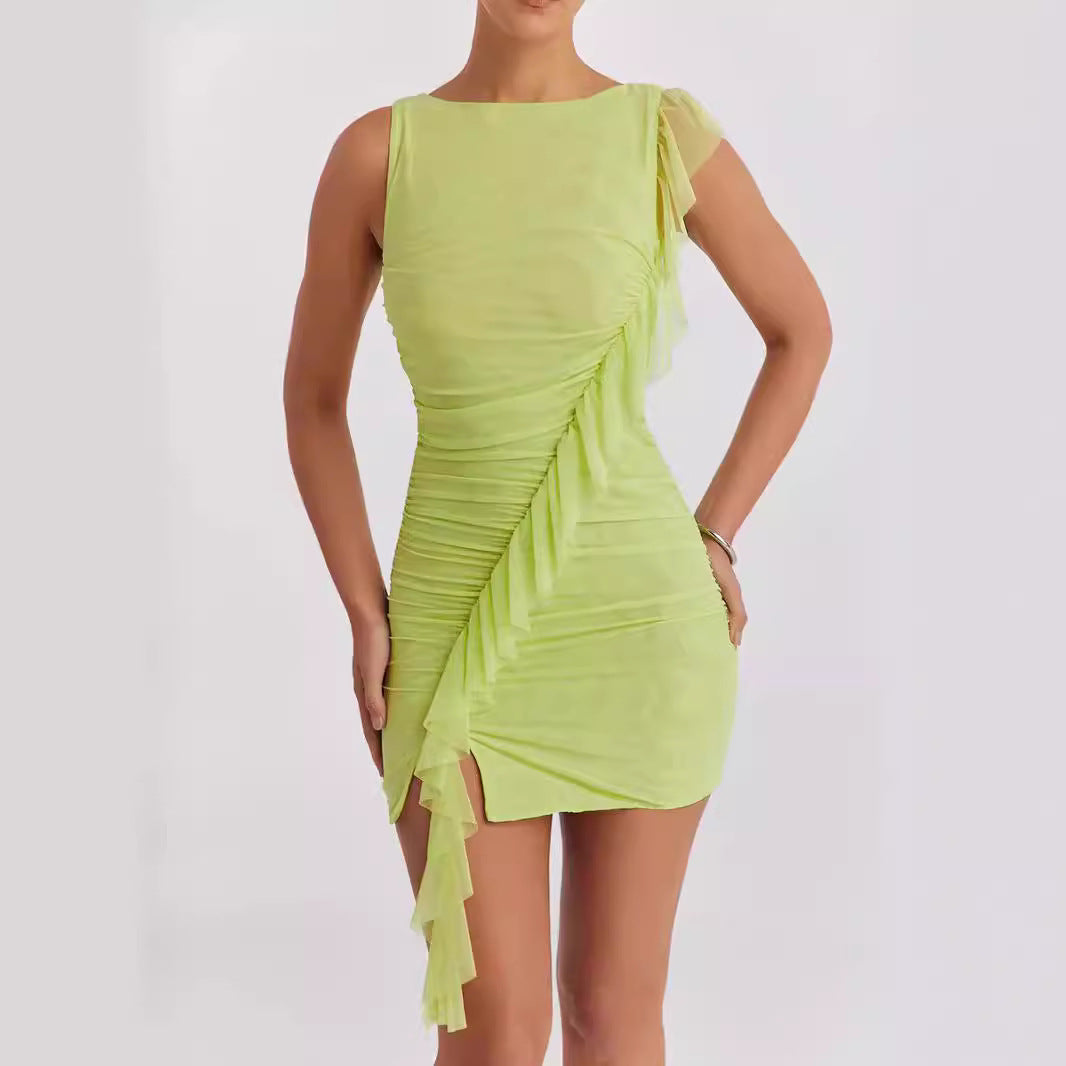 Light green Lumina Vancouver Astra sleeveless backless bodycon mini dress, fitted and stylish for elegant occasions.
