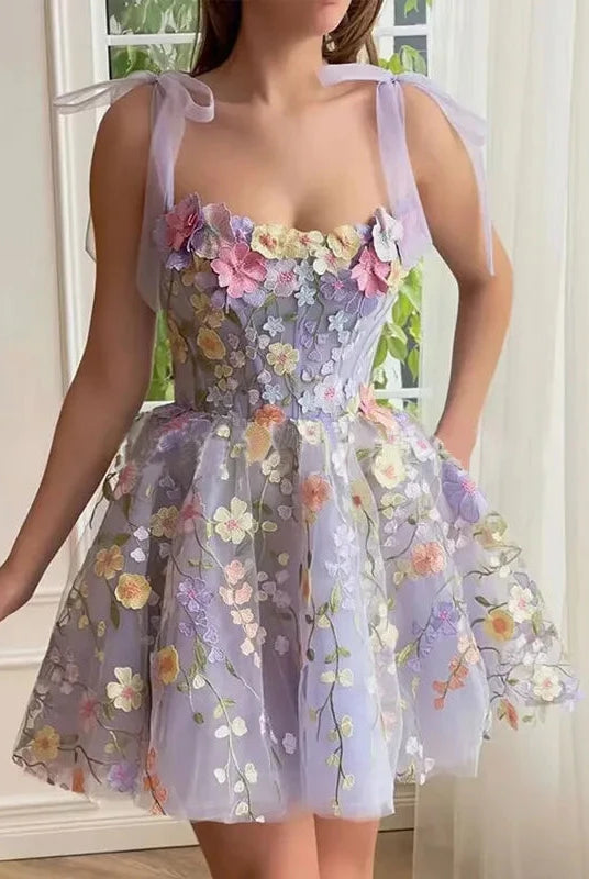 Light purple Lumina Wear Calista sleeveless embroidered mini dress with intricate embroidery and a stylish fit.