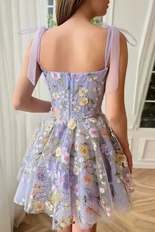 Light purple Calista sleeveless embroidered mini dress by Lumina Wear featuring intricate embroidery and a stylish, feminine design.
