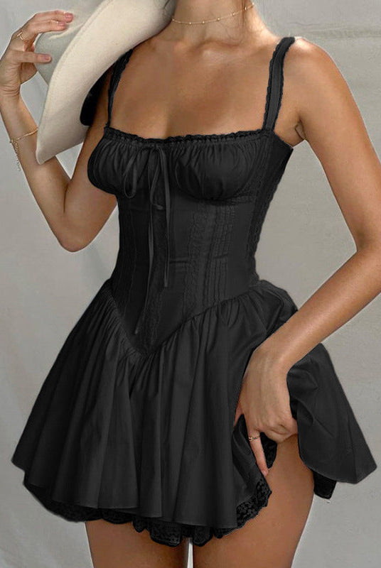 Navy blue Anja satin mini dress by Lumina Wear with open back, fitted silhouette, and elegant design for women.