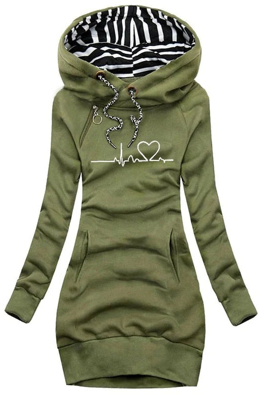 Navy blue Lumina Vancouver Salome hoodie dress with graphic print, mini length, casual style, and long sleeves.