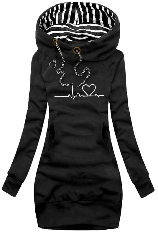 Navy blue Lumina Vancouver Salome hoodie dress with graphic print, mini length, casual style, and long sleeves.
