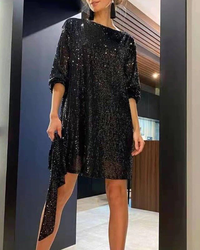 Black Aria Sapphire sequin mini dress by Lumina Wear, featuring a fitted silhouette and elegant neckline, perfect for evening wear.