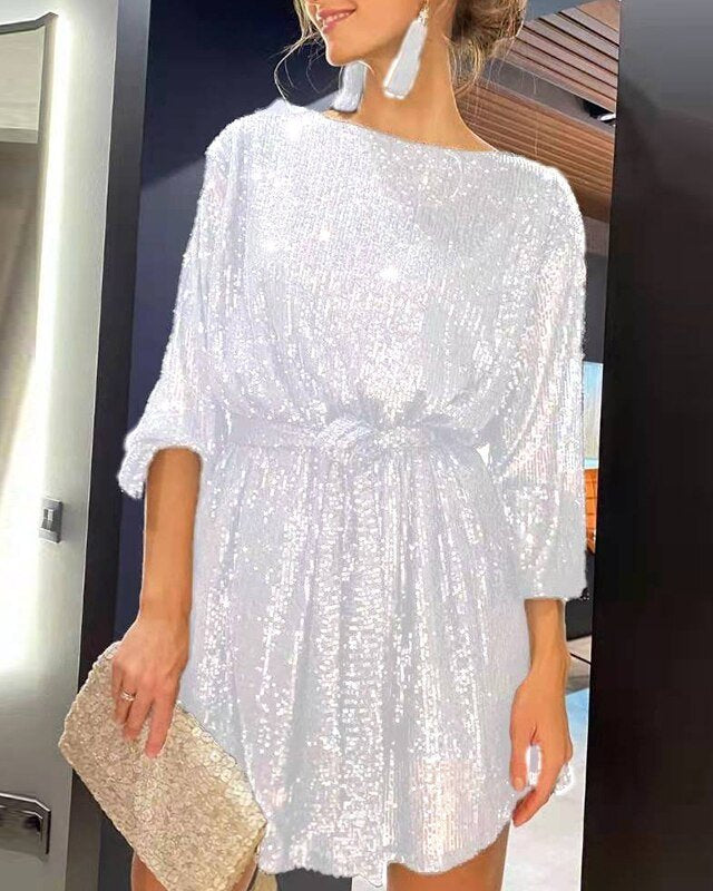 Black Aria Sapphire sequin mini dress by Lumina Wear, featuring a fitted silhouette and elegant neckline.