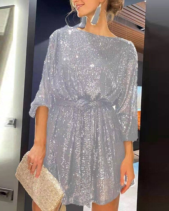 Black Aria Sapphire sequin mini dress by Lumina Wear, featuring a fitted silhouette and elegant neckline.