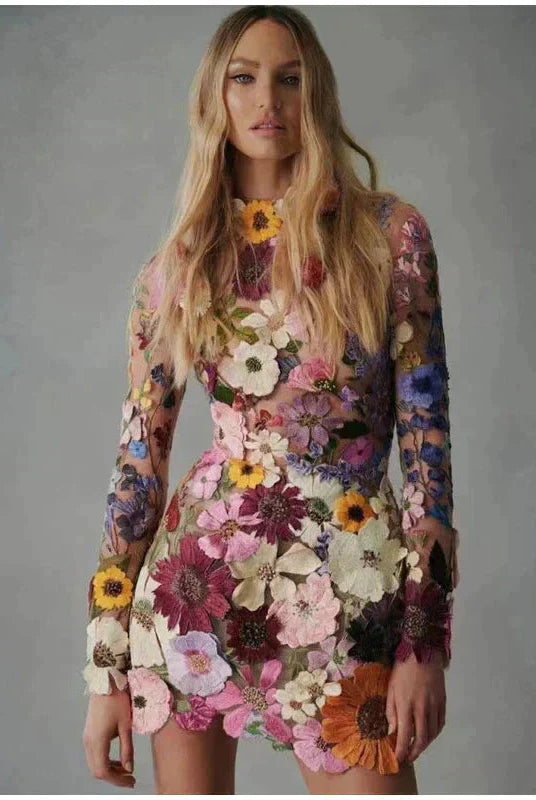Pink and red floral embroidery mini dress by Lumina Vancouver, featuring a stylish and lightweight design.
