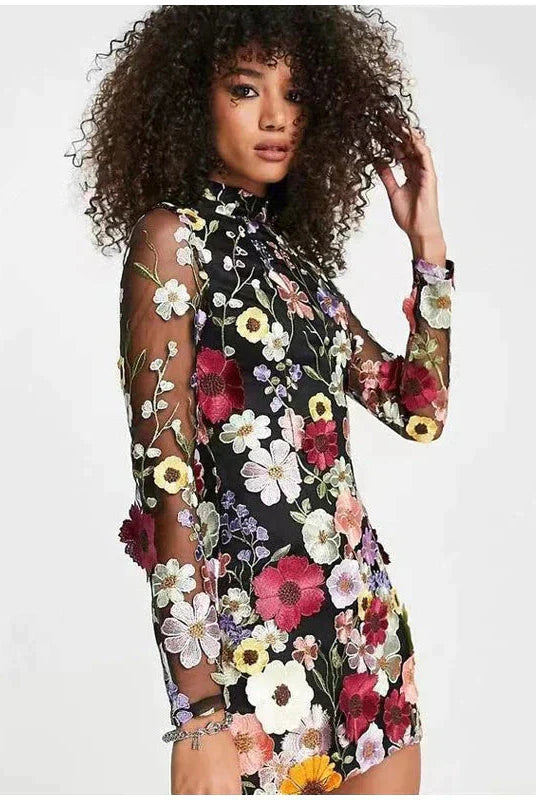 Pink and red floral embroidery Nova mini dress by Lumina Vancouver, featuring lightweight fabric and a stylish, fitted silhouette.