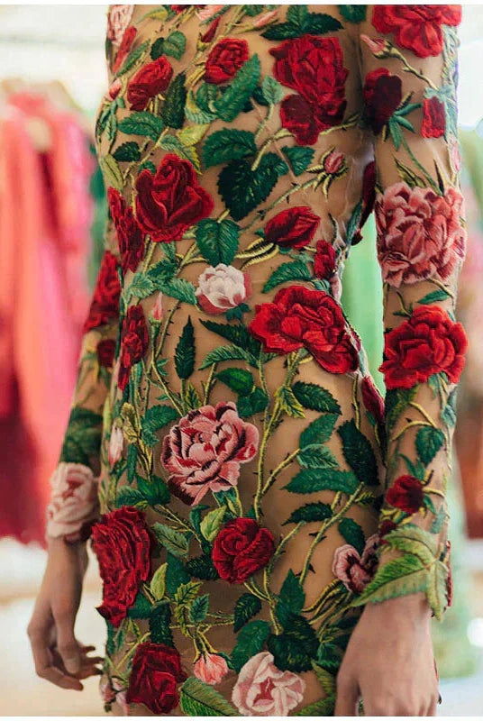 Pink and red floral embroidery mini dress by Lumina Vancouver, featuring a stylish and feminine design.