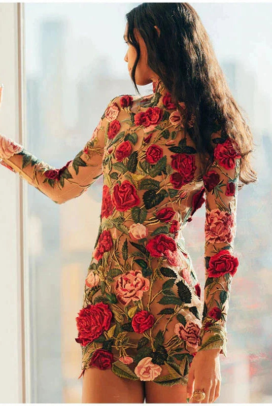 Pink and red floral embroidery mini dress from Lumina Vancouver, Nova collection, stylish and feminine for casual or special occasions.