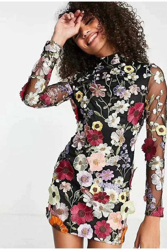 Pink and red floral embroidery mini dress by Lumina Vancouver, featuring a stylish and feminine design.