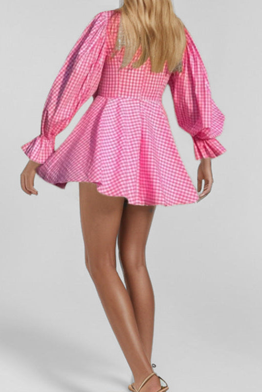 Pink Astra mini dress by Lumina Vancouver featuring a cotton V-neck Gingham design.