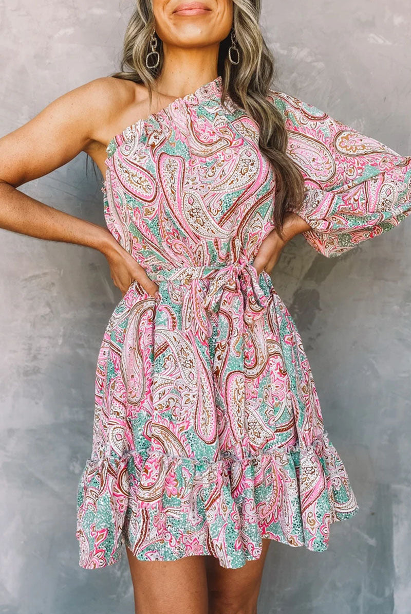 Pink Astra Lumina Vancouver one-shoulder mini dress, form-fitting with stylish design and elegant silhouette.