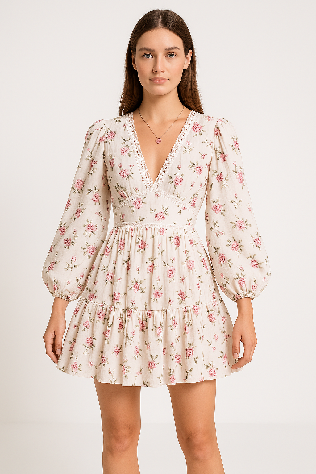 Pink Elara Rose Bloom Atelier A-line mini dress by Lumina Vancouver, featuring floral design and elegant fit.