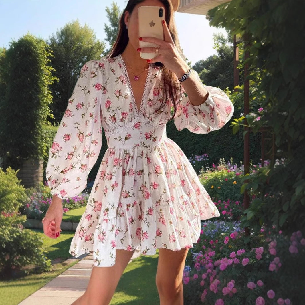 Pink Elara Rose Bloom Atelier A-line mini dress by Lumina Vancouver, featuring floral design and elegant fit.