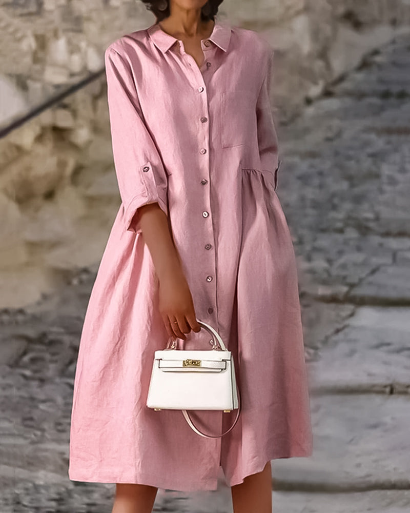 Pink Lumina Vancouver Saga shirt dress with button-down front, mini length, stylish and casual for everyday wear.