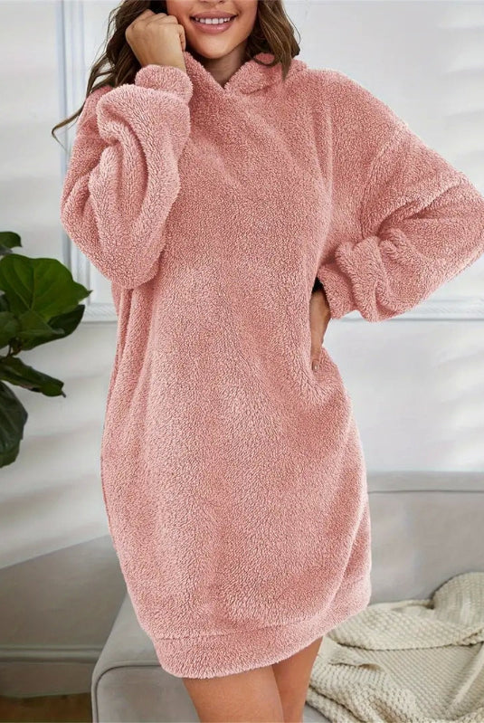 Pink Lumina Vancouver hoodie dress, mini length with a relaxed fit, styled with a hood and casual streetwear vibe.