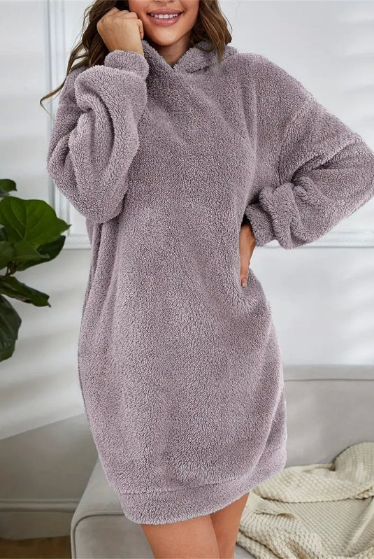 Pink Yolanda Hoodie Dress by Lumina Wear, casual mini dress with hoodie and relaxed fit, stylish and comfortable for everyday wear.