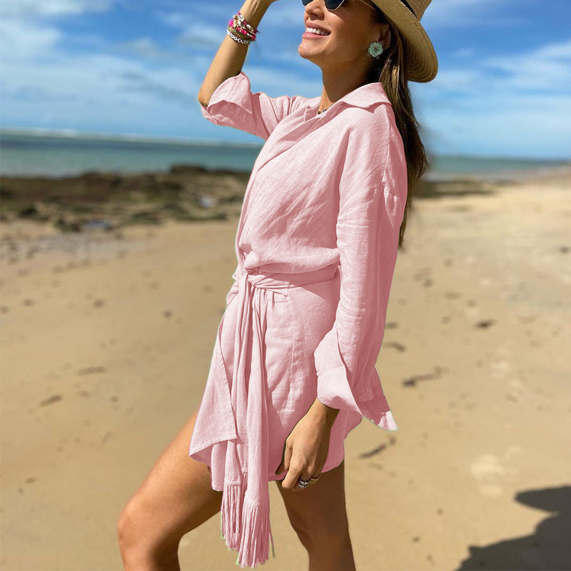 Pink Lumina Vancouver Tuuli Cotton Linen Wrap Mini Dress, lightweight and stylish with a flattering wrap design.