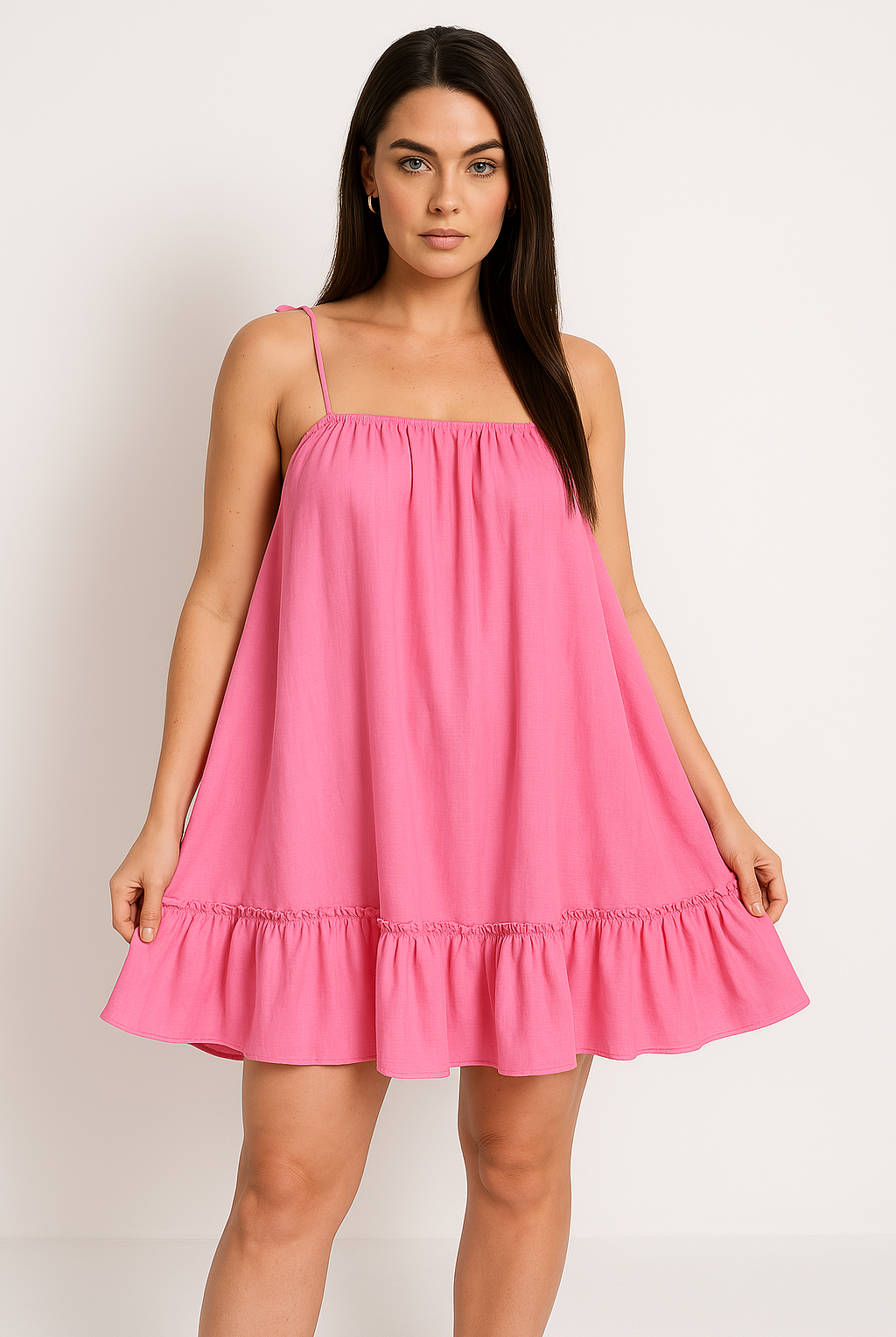 Pink Nova lightweight cotton sundress by Lumina Wear, mini dress style, casual summer dress, front view.