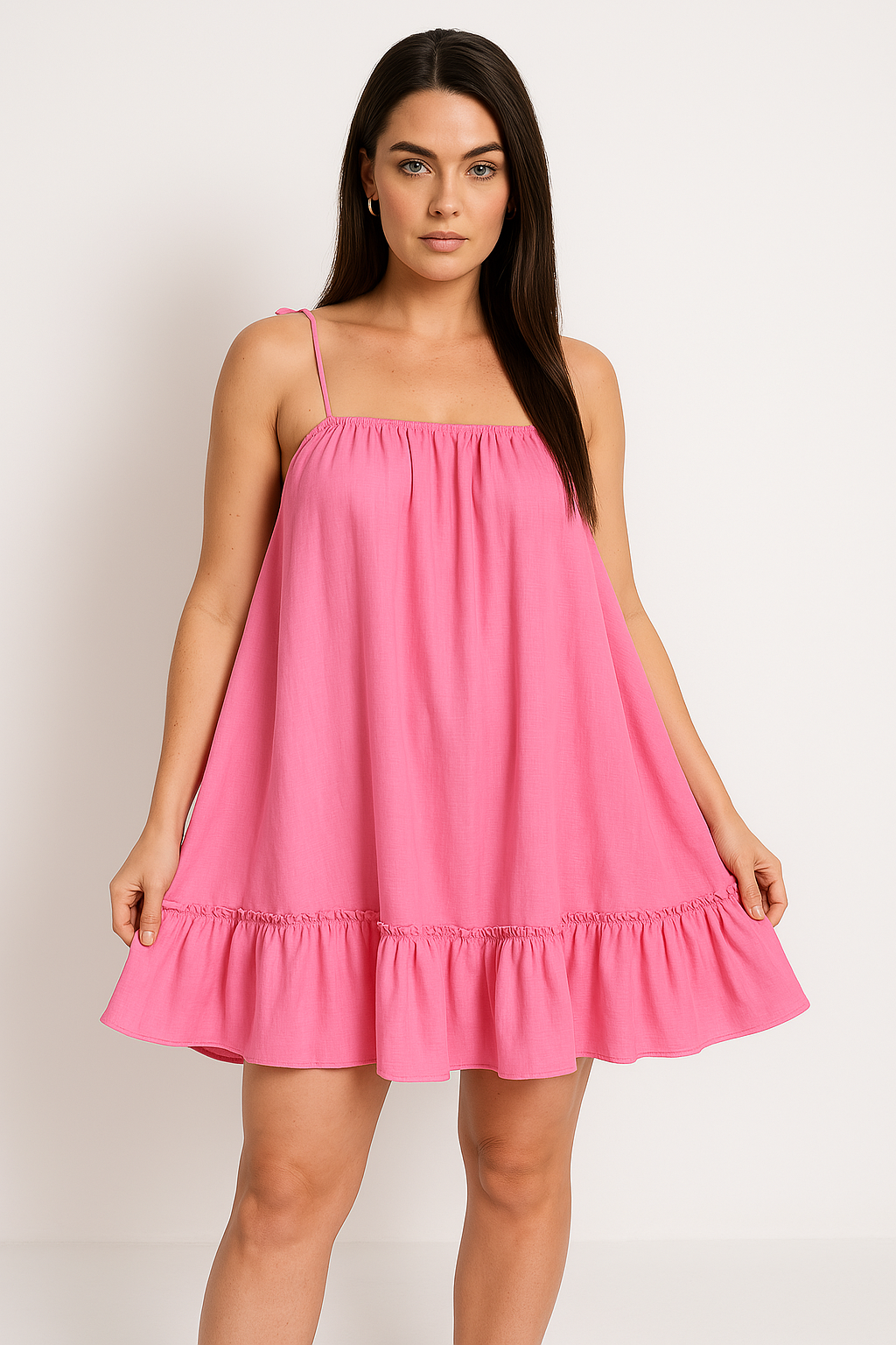 Pink Nova lightweight cotton sundress by Lumina Wear, mini dress style, casual summer dress, front view.
