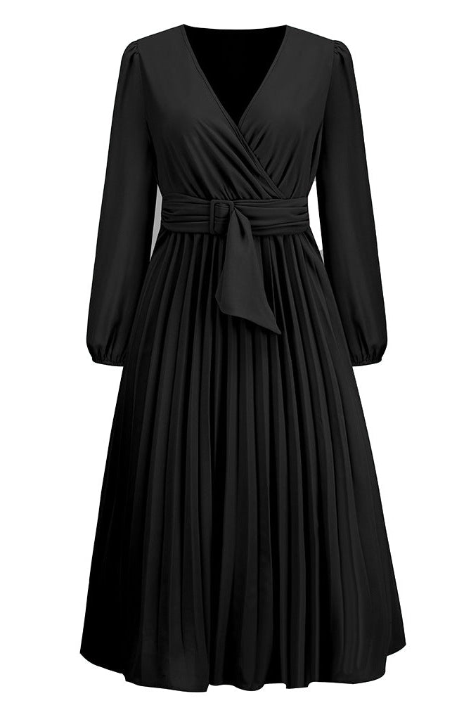 Pink long-sleeved V-neck pleated mini dress by Lumina Wear, featuring a stylish silhouette and elegant design.