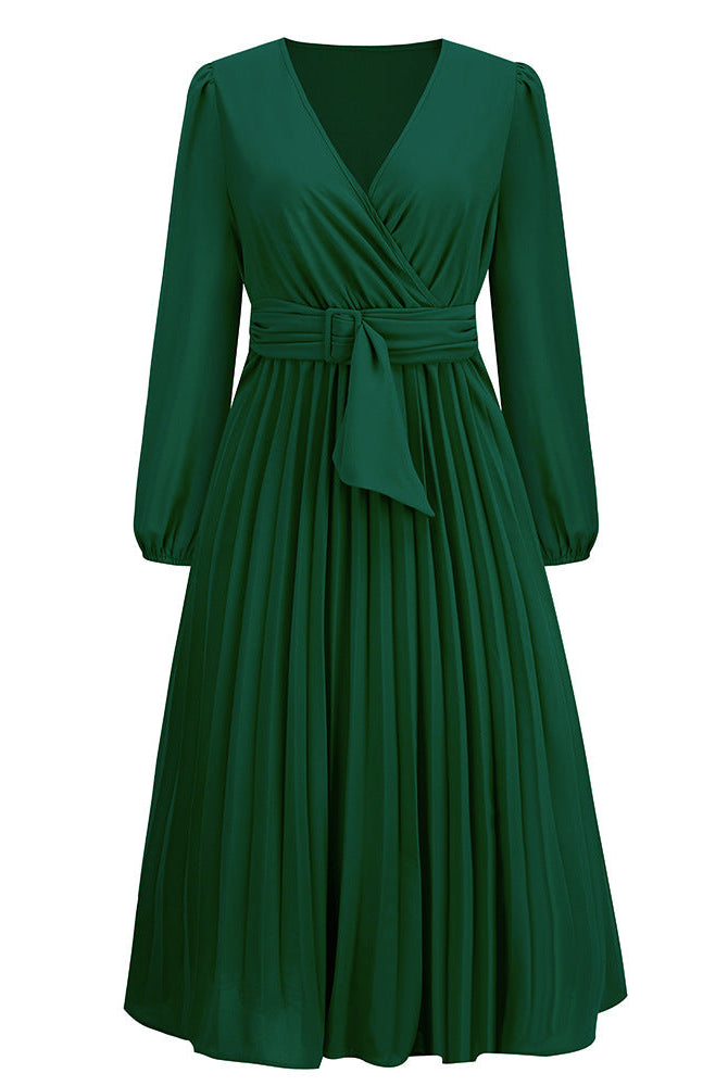 Pink Nova long-sleeved V-neck pleated mini dress by Lumina Wear, featuring a stylish V-neck and elegant pleats.