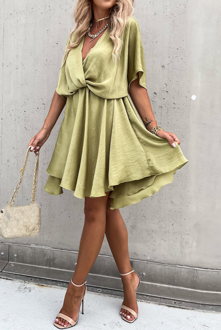 Pink Nova Wrap Dress by Lumina Wear featuring a V-neck and short sleeves, perfect for stylish mini dress fashion.