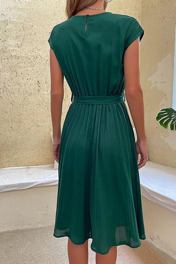 Pink Novae midi dress with waist tie from Lumina Vancouver, featuring a stylish and flattering fit for casual or dressy occasions.