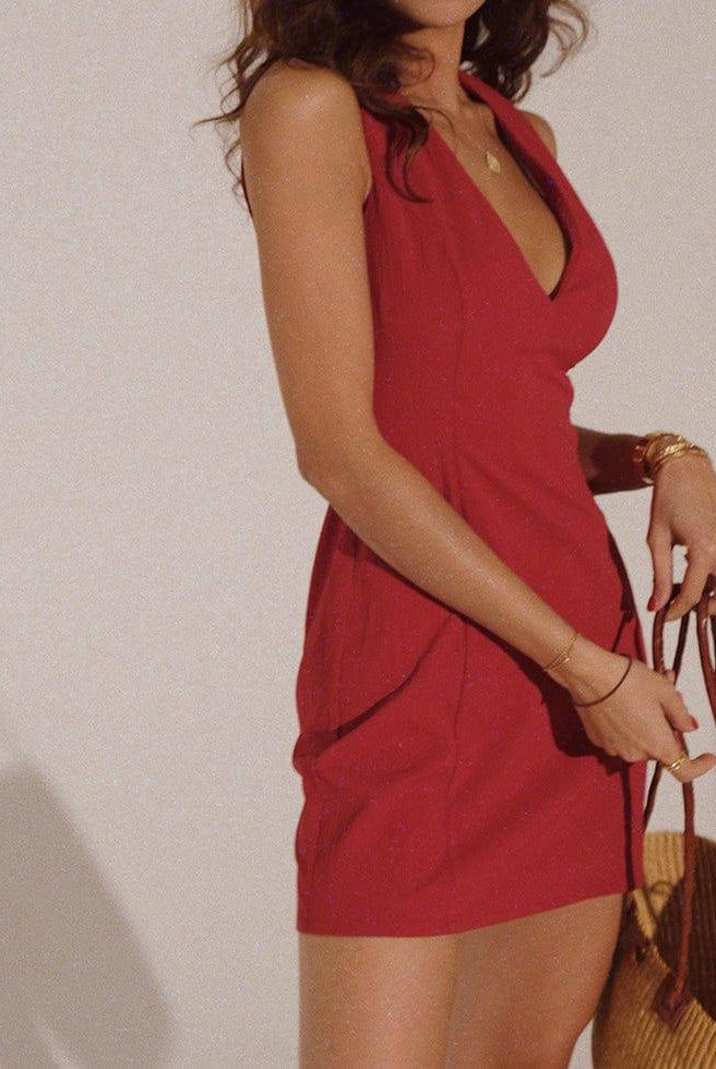 Red Lumina Vancouver Roisin V-Neck Mini Dress, sleeveless and fitted, showcased on a model.