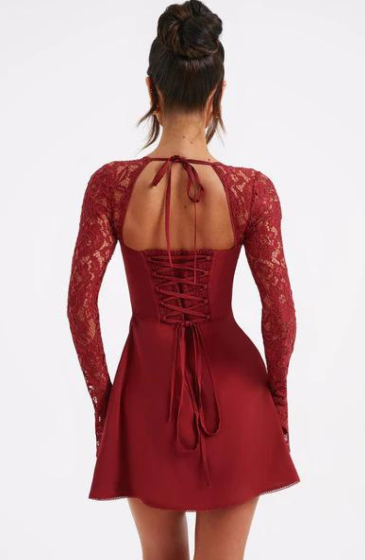 Red Lumina Vancouver Dagny lace long sleeves mini dress, stylish mini dress with intricate lace details and long sleeves.