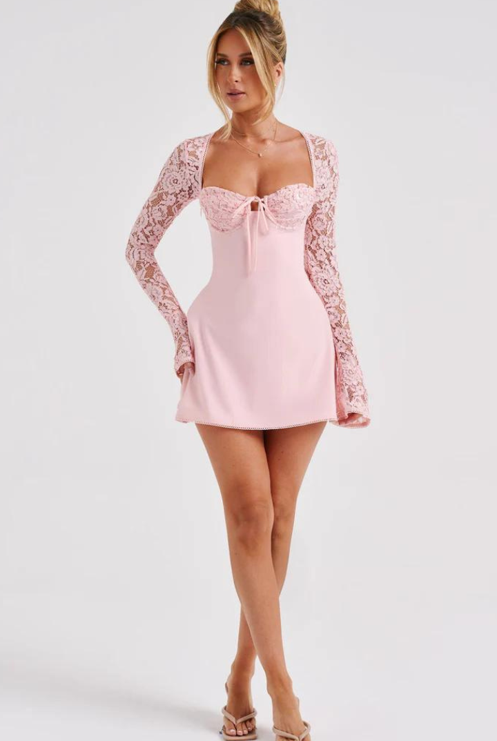 Red Lumina Wear Dagny lace long sleeve mini dress with fitted silhouette and elegant design, perfect for stylish occasions.