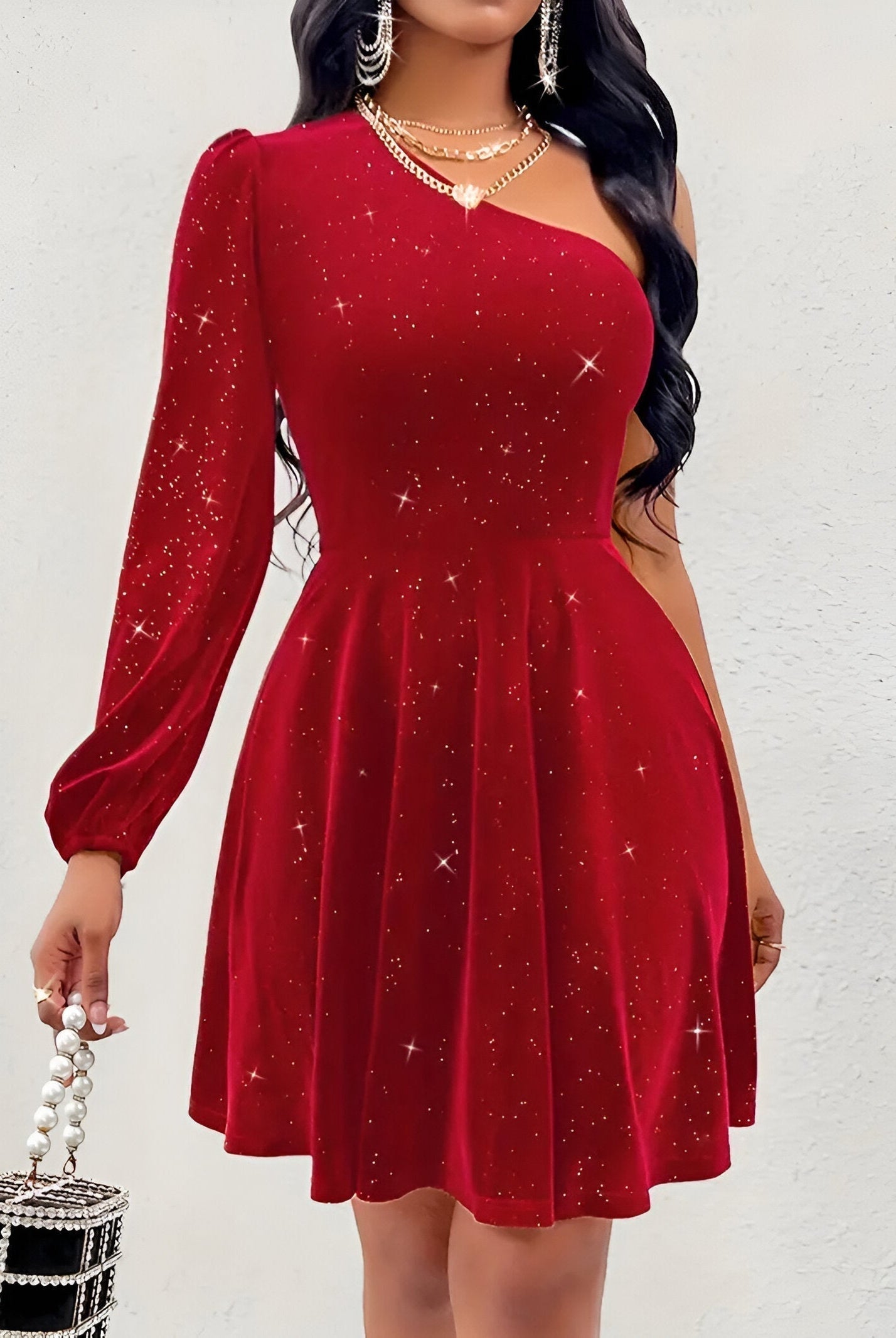 Red Aurora one-shoulder mini dress by Lumina Wear, featuring a fitted silhouette and stylish design for elegant occasions.