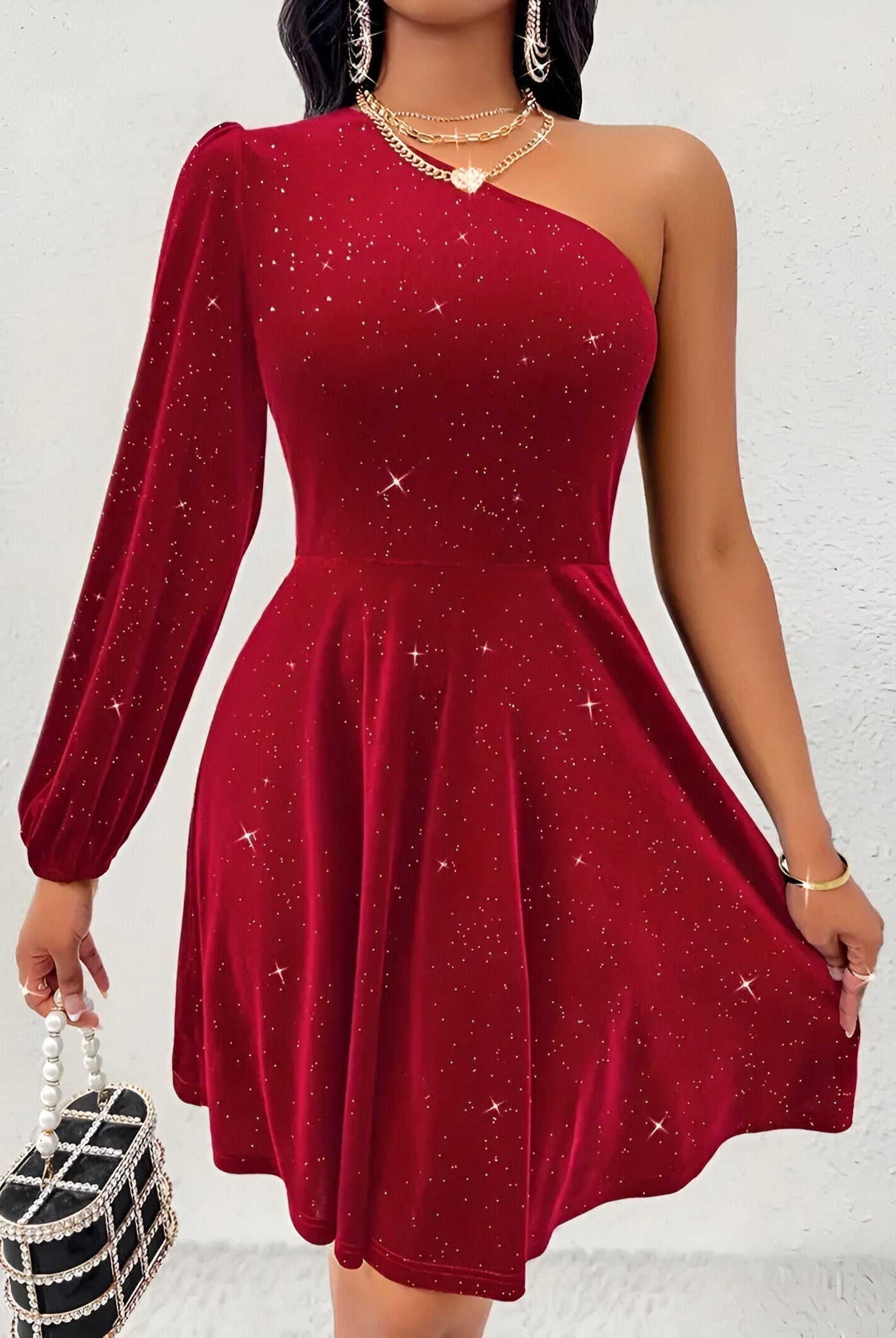 Red Aurora one-shoulder mini dress by Lumina Wear, stylish sleeveless dress with a fitted silhouette and elegant design.
