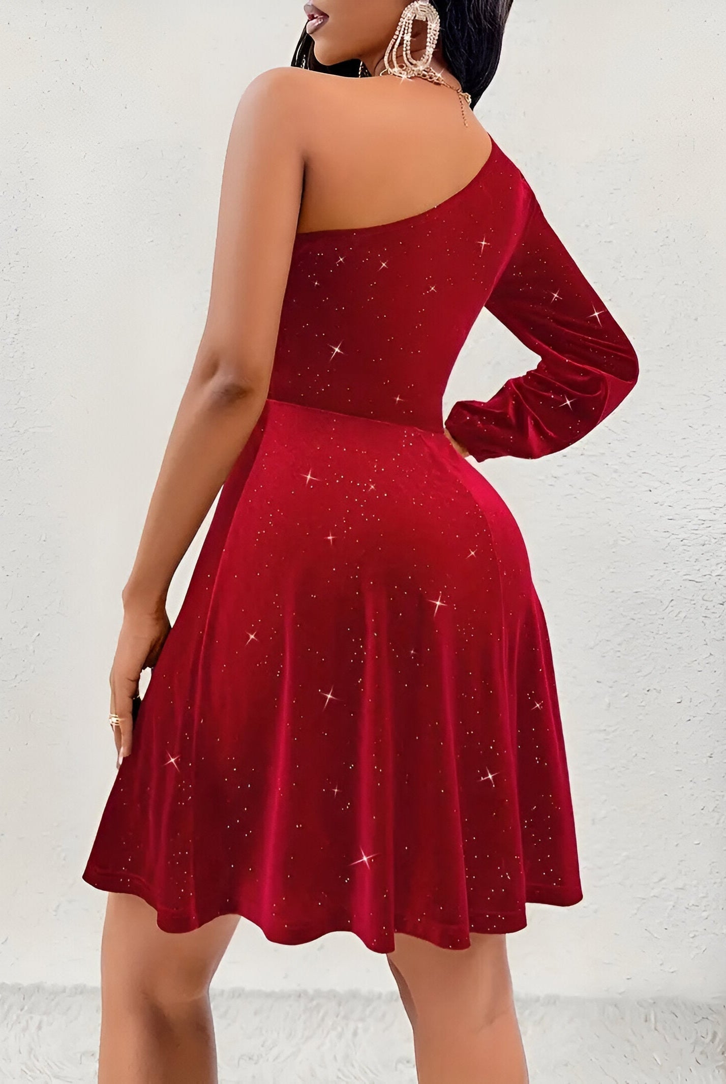 Red Aurora one-shoulder mini dress by Lumina Wear, featuring a sleek fit and stylish design perfect for evening wear.