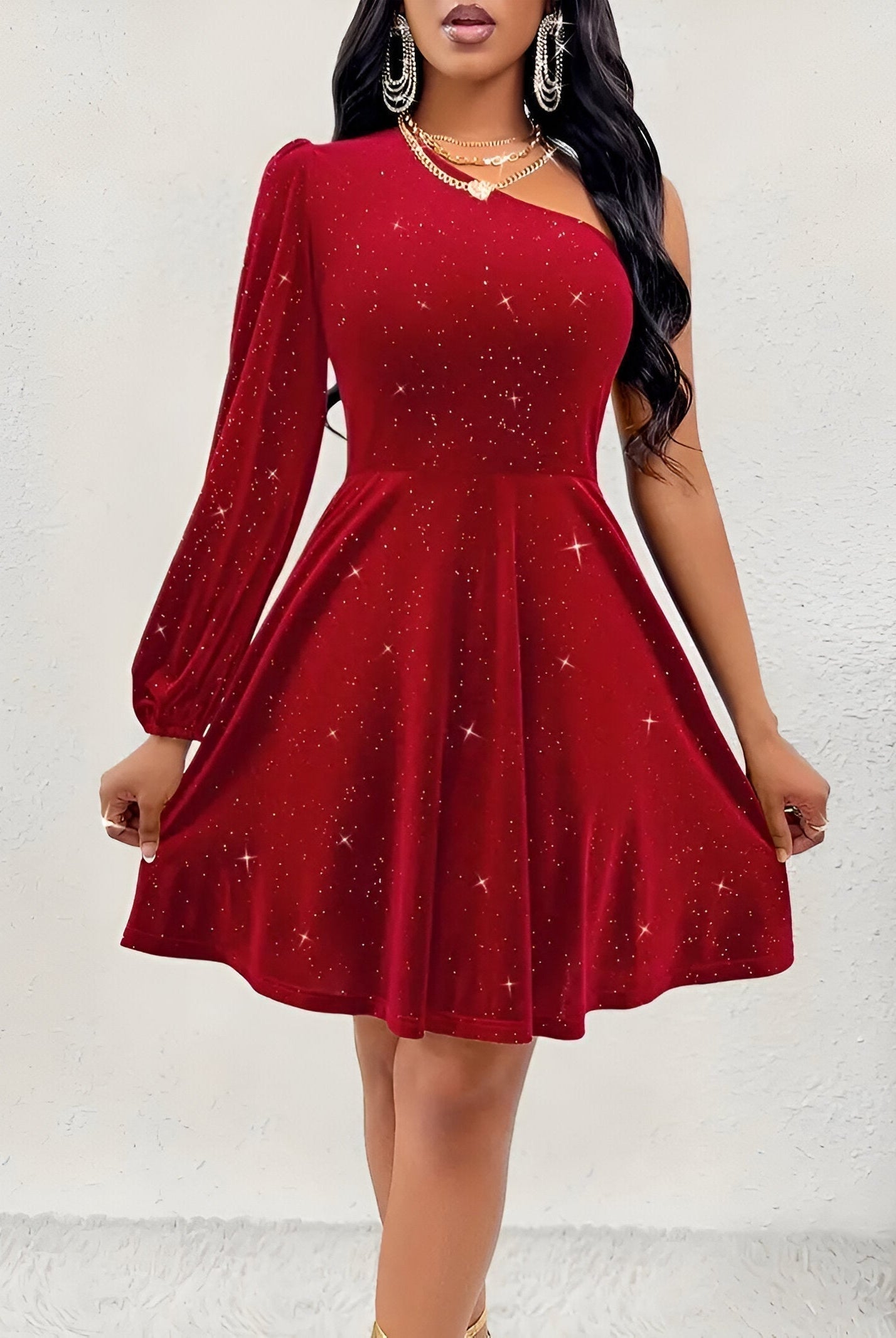 Red Aurora one-shoulder mini dress by Lumina Wear, featuring a stylish, fitted silhouette and elegant one-shoulder design.